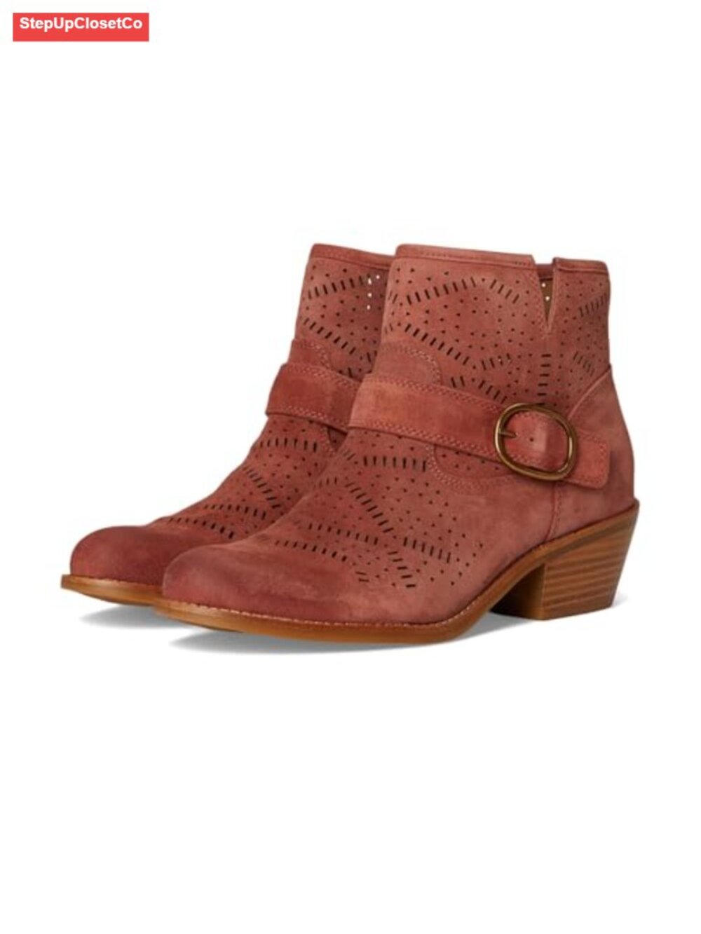 Suede Perforated Ankle Booties with Buckle Detail Block Heel